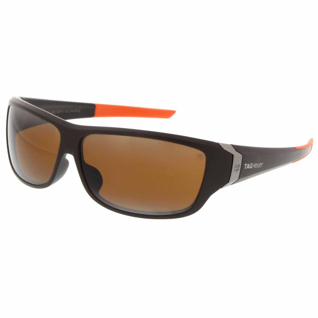 TAG Heuer 9225 202 Racer sunglasses featuring a matte brown frame with orange accents and brown outdoor lenses, designed for style and comfort.